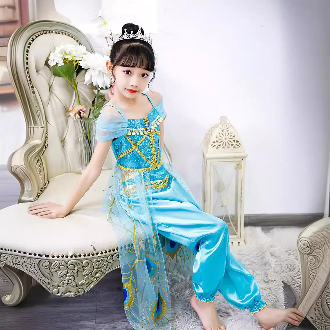 أزياء الهالوين الياسمين التأثيرية ملابس الأطفال الفولكلور العربي المصباح السحري الأميرة ملابس تنكرية بلوزات وسراويل ذيل