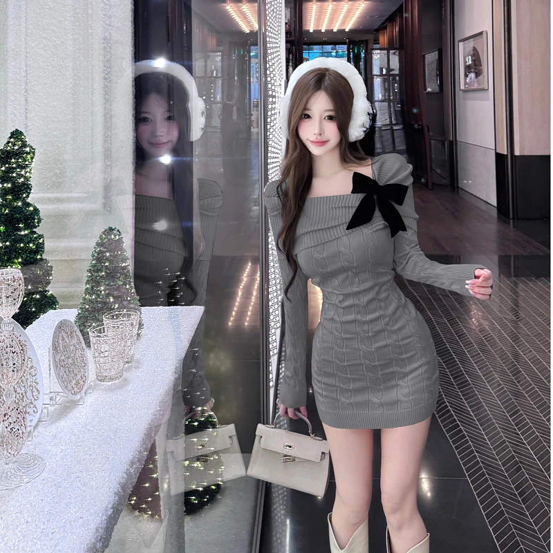 Pure Desire One Shoulder Long Sleeve Knitted Dress Women's Autumn Winter Sexy Tight Fit Bodycon Sweater Short Skirt - view 3