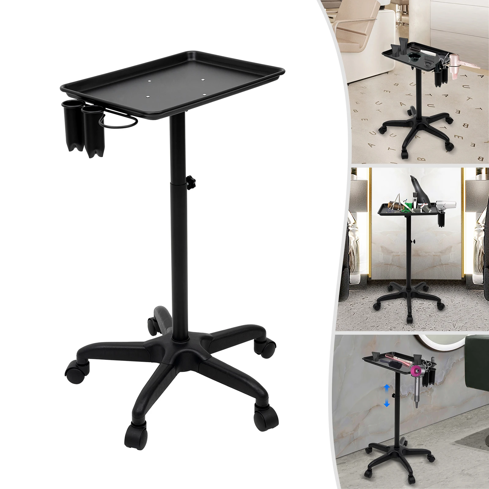 Removable Salon Trolley with Universal Wheels 64-108cm Adjustable Height Black