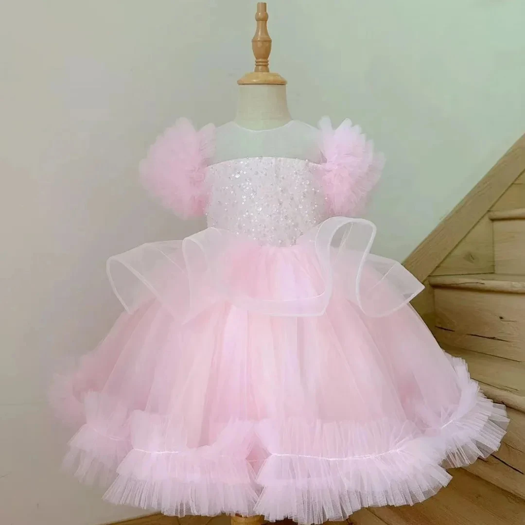 

Customized Pink Flower Girl Dress For Wedding Glitter Tulle Short Sleeve Floor Length Cute Kids Birthday First Communion Gown