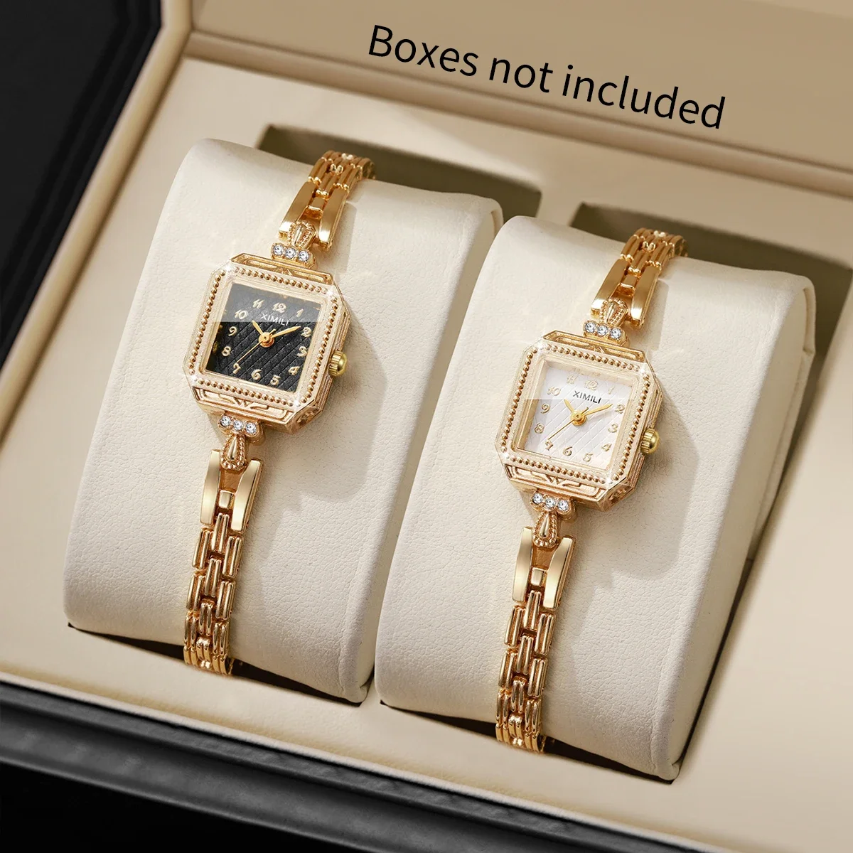 2PCS Vintage Square Gold Bracelet Watch For Women Crystal Bezel Black White Dial Quartz Wristwatch