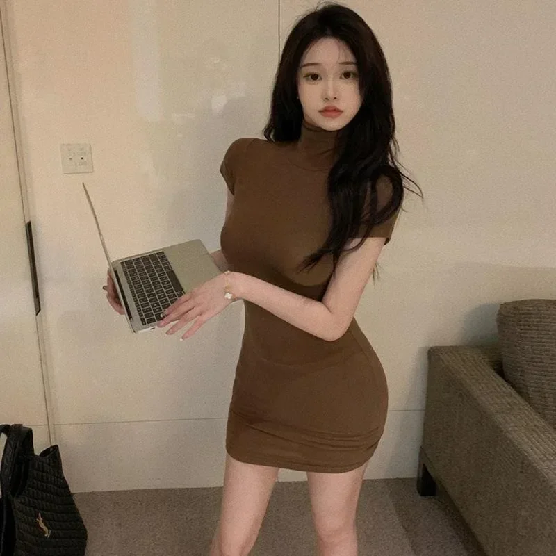 

Sexy Tight Half High Collar Mini Dress Korean Girls Solid Slim Dresses Bodycon Women Vestidos Party Mujer Clothing 원피스 Платье