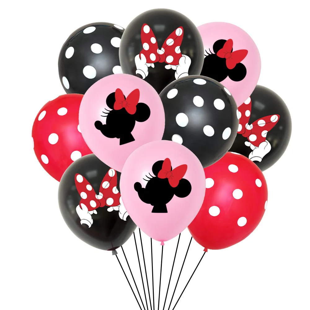 Minnie Printed Polka Dot Latex Balloon Set, Mickey Mouse Theme, Children's Birthday Party Decoration Set, 12