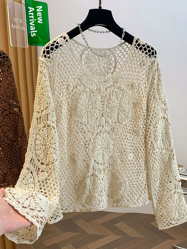 Retro Hollow out Long Sleeve Knitwear Women's Loose Fit round Neck Sun Protection Cover up Top Lace Shirt Summer Autumn