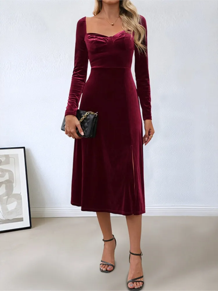 Pleated Bust High Waist Long Sleeve Mid-length Velvet Dress 2026 Autumn New Women's Party Dress Solid Color Cocktail Dress