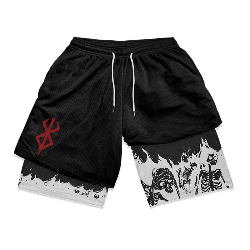 Anime Berserk  2 in 1 Performance Shorts Men Gym Fitness Y2K Skeleton Print Shorts Quick Dry Running Workout Summer Short Pants