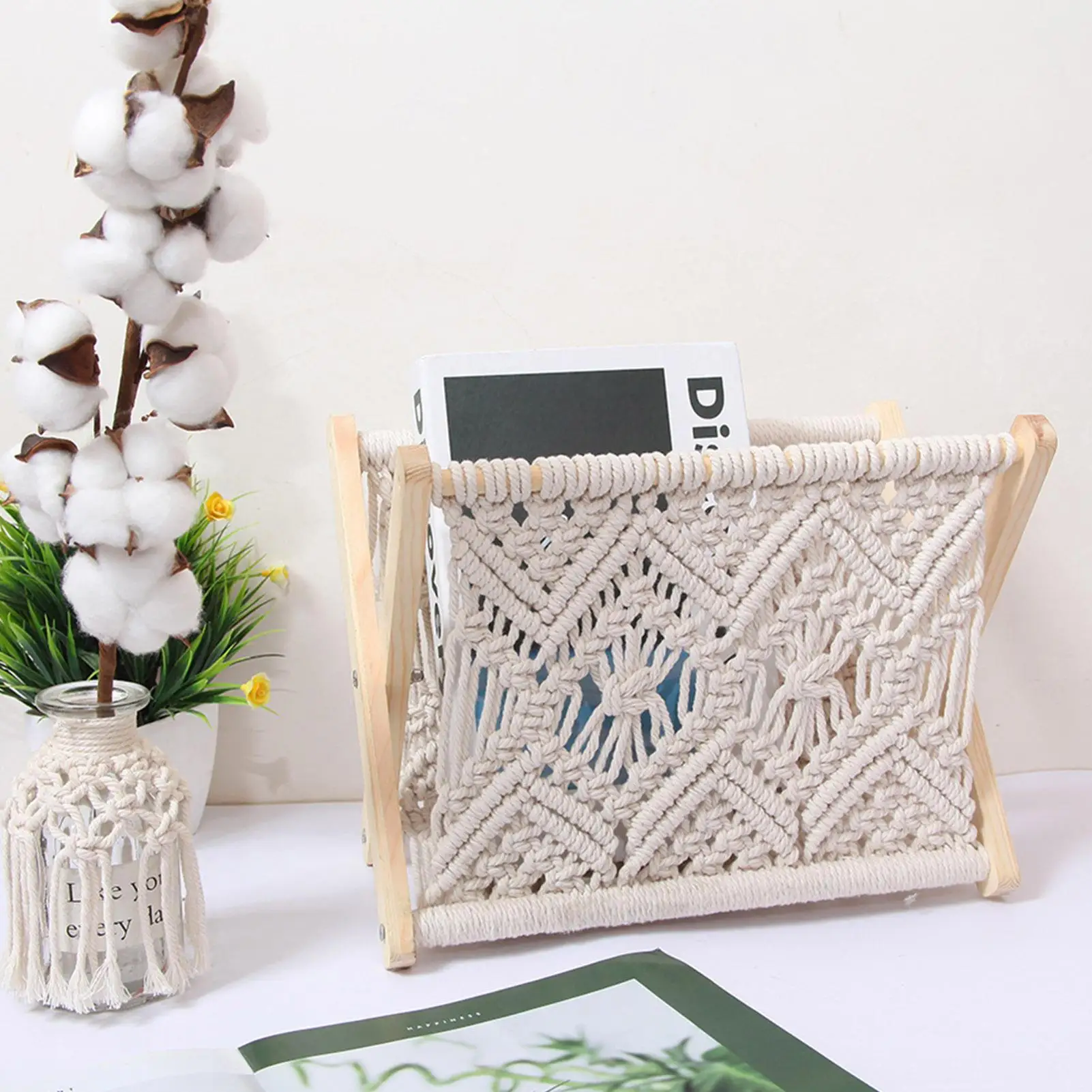 Magazine Rack | Woven Macrame Storage Stand | Boho Magazine Holder Storage Standing Basket for Books