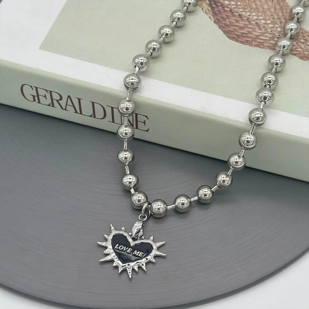 Gothic Black Spiky Heart Pendant Chunky Chain Necklace for Women Y2K Grunge Aesthetic LOVE ME Charm Necklace Punk Jewelry