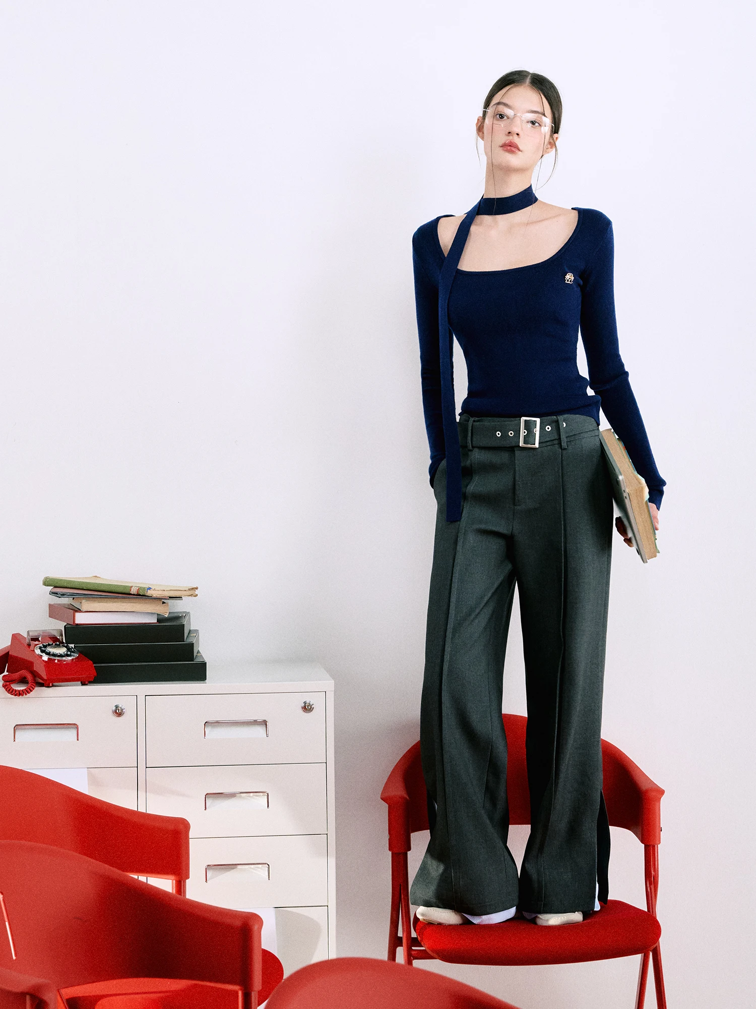 

LaluneDuCiel Casual Patchwork Straight Leg Suit Pants Women's Autumn Belted Slimming Versatile Trousers Korean Sle Long Pan...
