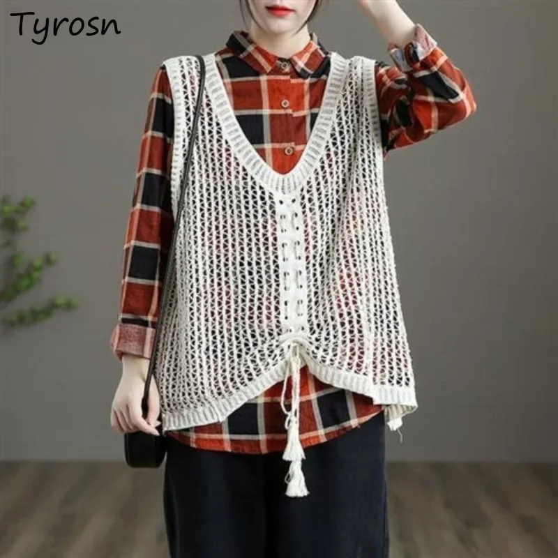 

Sweater Vest Women Vintage Design Hollow Out Spring Elegant Tender Fashion Solid Simple Korean Style Leisure Loose Ladies Daily
