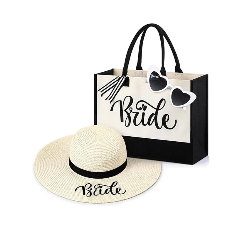 Bride Canvas Bag Hat Sunglasses Set for honeymoom supplies Bachelorette Party Bridal Shower Gift Wedding Day Decor Bride To Be