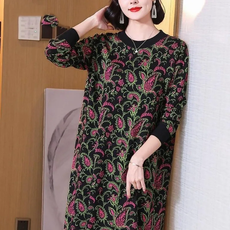 

Spring Autumn Women's Pullover Round Neck Patchwork Printing Loose and Long Sleeved Slim Medium Length Chinese Style Dress