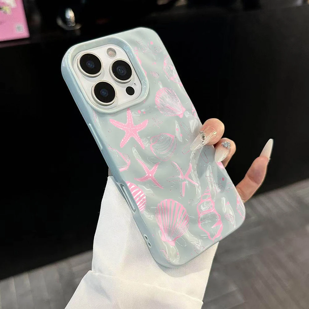 Sommer-Muschel-Kunst-Handyhülle für iPhone 17 16 15 14 13 12 11 Pro Max 14 15 Plus 17Air Falten-Wellen-Soft-Silikon-Schutzhülle – Detail 2