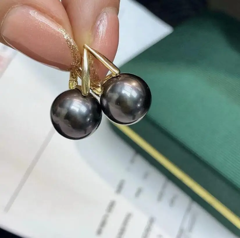 

stunning 9-10mm tahitian round black green pearl earring 925s