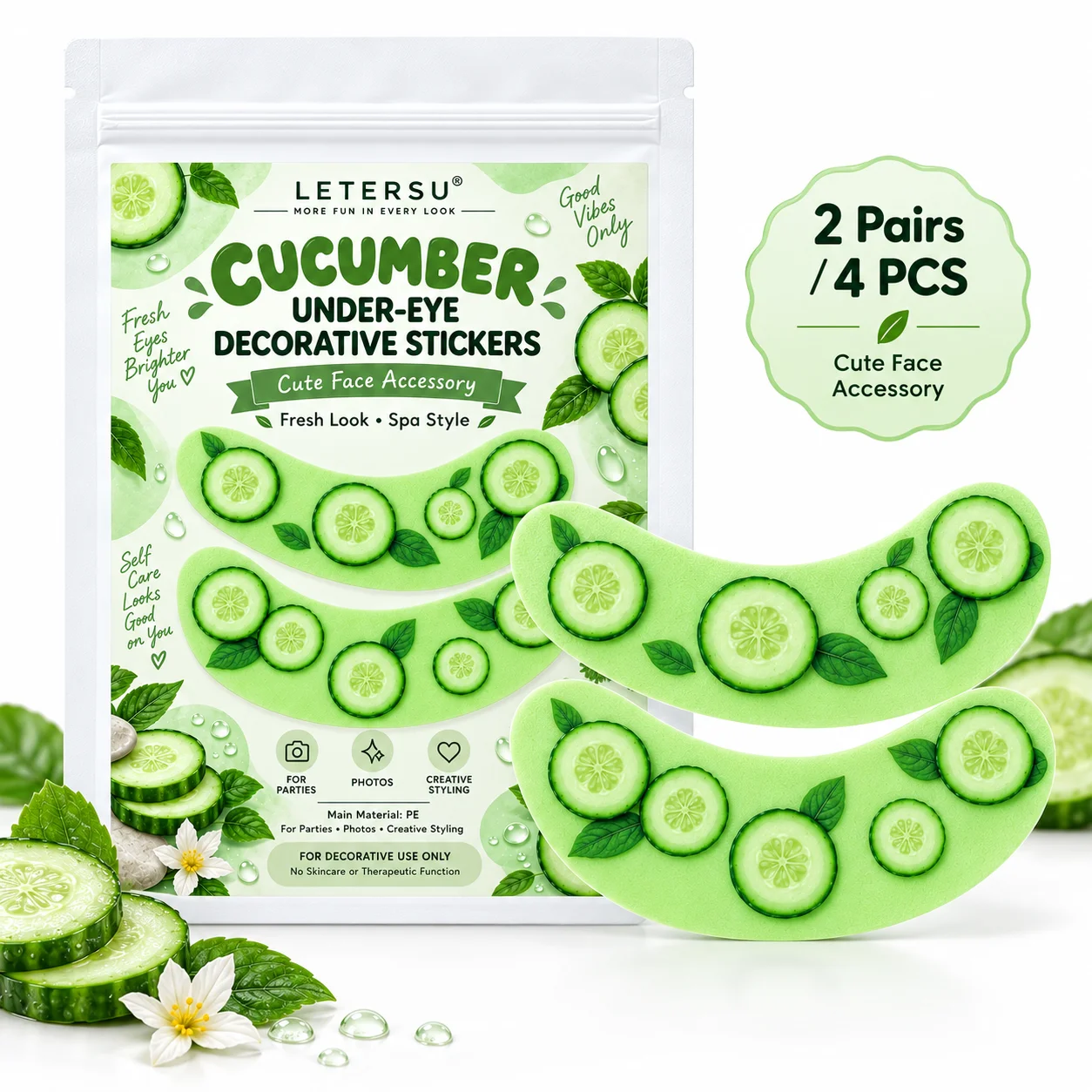 4PCS Cucumber Under Eye Stickers, Cute Green Eye Patches, Spa Style Face Makeup Decorations for Women, Party Photos