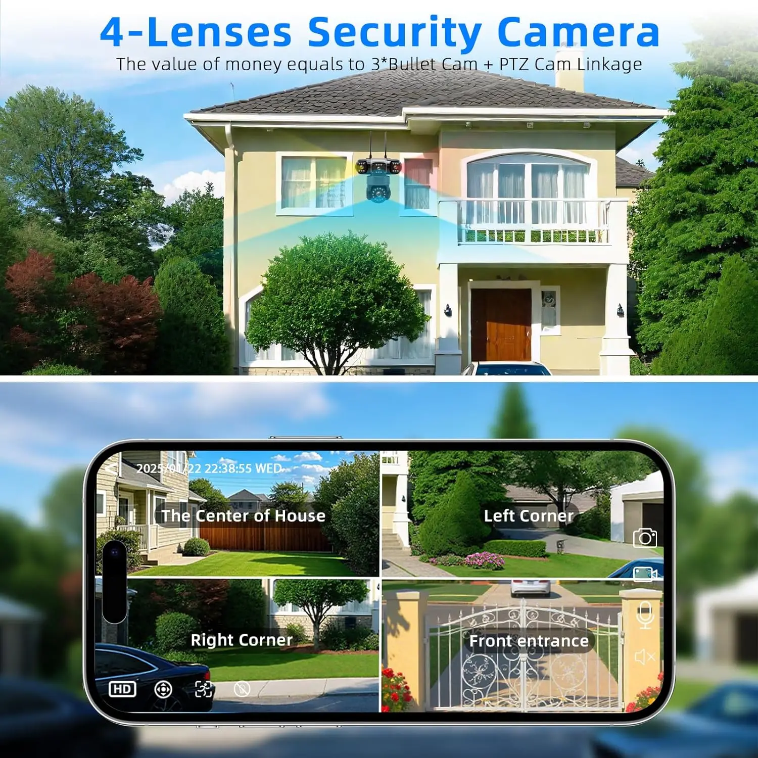 10K 20MP 4-Lens Security Camera Wireless Outdoor 360° PTZ Security Camera 16X Zoom HD Full Color Night Vision Video Surveillance