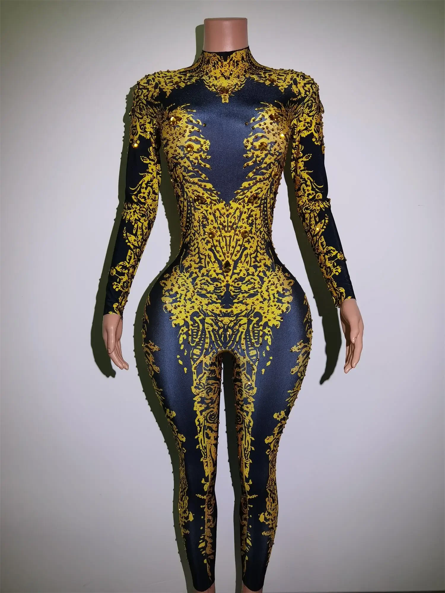 

Fashion Long Sleeves Gold Rhinestones Unitard Women Sexy Party Club Jumpsuits Playsuit Drag Stage Costume Performance Dance Wear