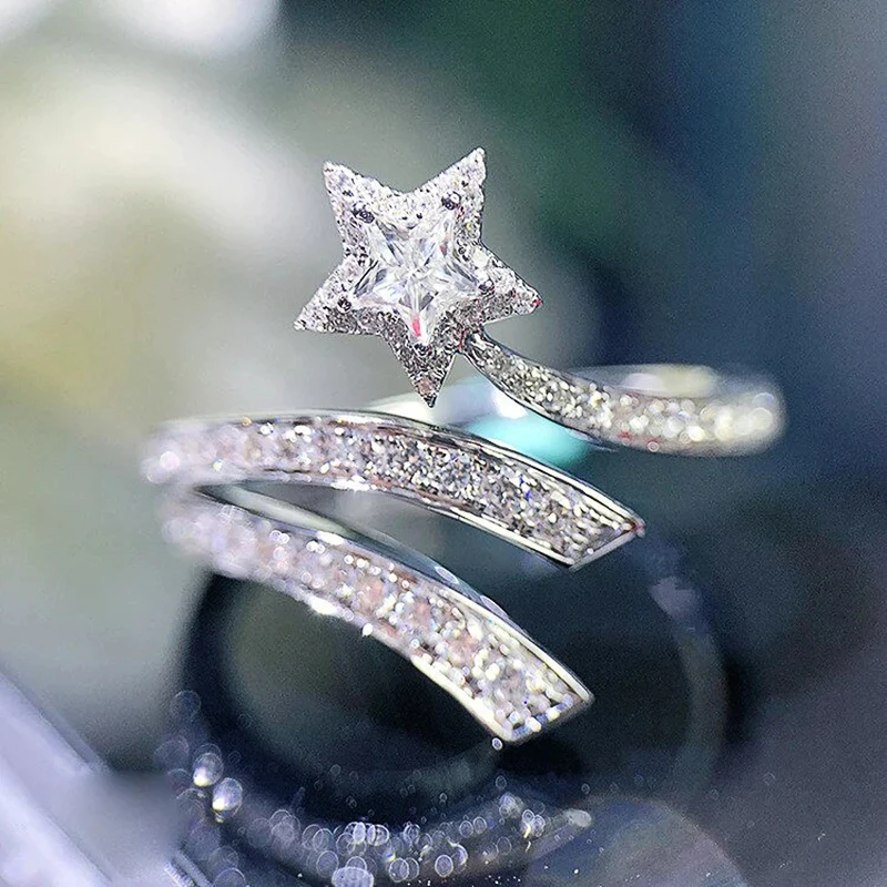 Huitan Zarte Stern-Öffnungsringe für Frauen, silberfarben, exquisite weibliche Fingerringe, täglich tragbar, Party-Statement-Schmuck