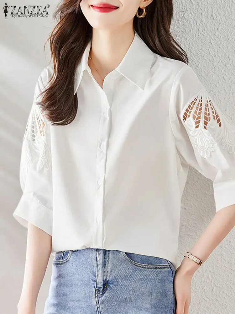 

Women Elegant Lace Crochet Blouse Summer Fashion OL Work Shirt 2024 ZANZEA Casual Solid Loose Tops Femme Half Sleeve Blusas