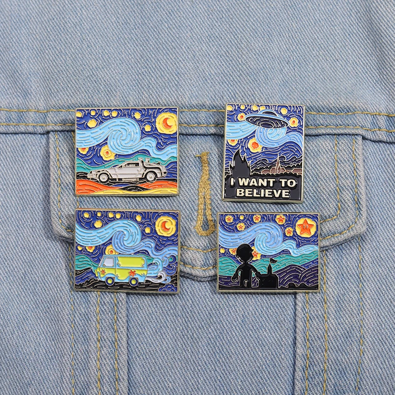 Genius Art Painter I Want Tobelieve Enamel Pins Night Starry Sky Bus Car Art Oil Painting Brooches Lapel Badge Gift For Friends