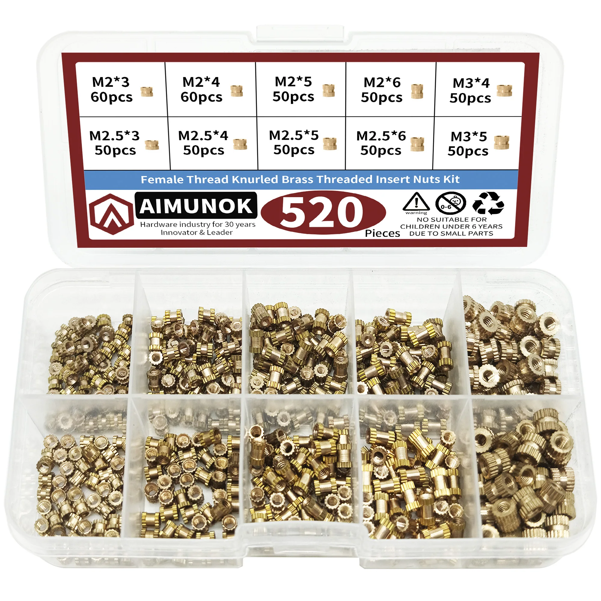 520pcs M2 M2.5 M3 Metric Female Thread Knurled Brass Threaded Insert Embedded Nuts Assortment Kit,Double Pass Knurl Nuts Copper image 6