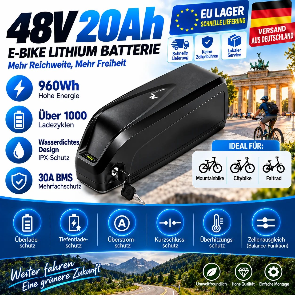 48V 20Ah E-Bike-Akku 960Wh 30A BMS Wasserdichter Li-Ion-Akku für das Unterrohr mit Ladegerät für Elektrofahrräder Bafang BBS02 BBSHD 500W-1000W EU-Lager