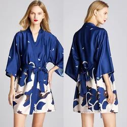 Mulheres robe kimono roupão de banho azul marinho impressão camisola sleepwear sedoso macio cetim roupa de noite sexy curto camisola casual homewear