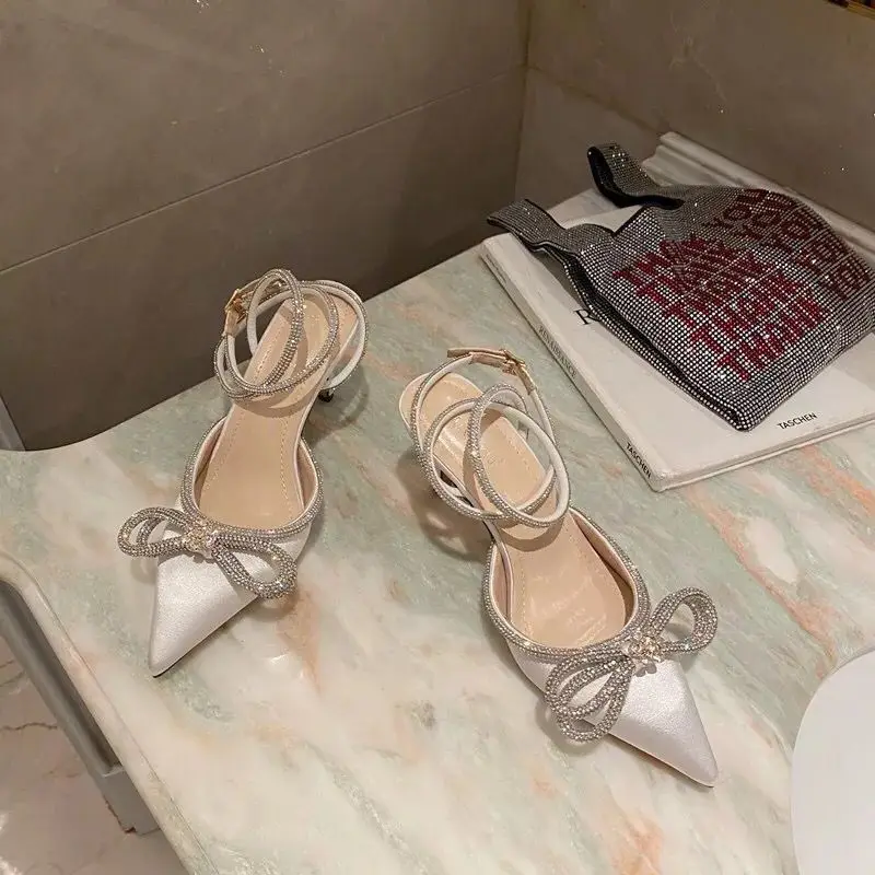 2024, New Fashion Glitter Rhinestones Women Pumps Crystal Bowknot Silk Pointed Toe Buckle Strap Thin High Heels Party Prom Shoes