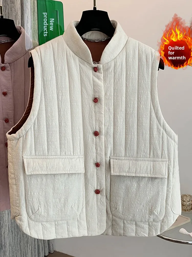 

Retro Artistic Cotton Liner Jaet Loose Fit Stand Collar Layering oulder Pad Women's plus Size Outerwear Winter New Arrival