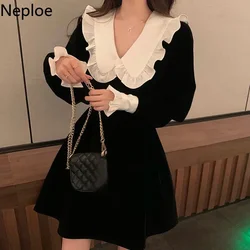 Neploe Dress for Women Chic Peter Pan Collar Vintage Vestidos De Mujer Slim Waist Ruffles Velvet Korean Dresses Temperament Robe