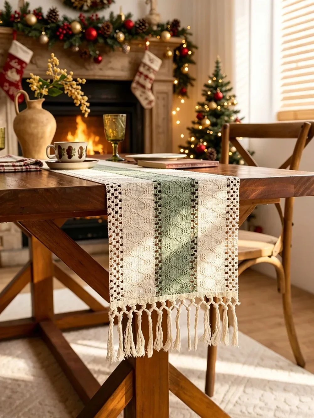 Christmas Boho Style Hand Woven Table Runner, Cream and Green Tassel Design, Home Decor for Boho Diningroom, Farmhouse Table Mat