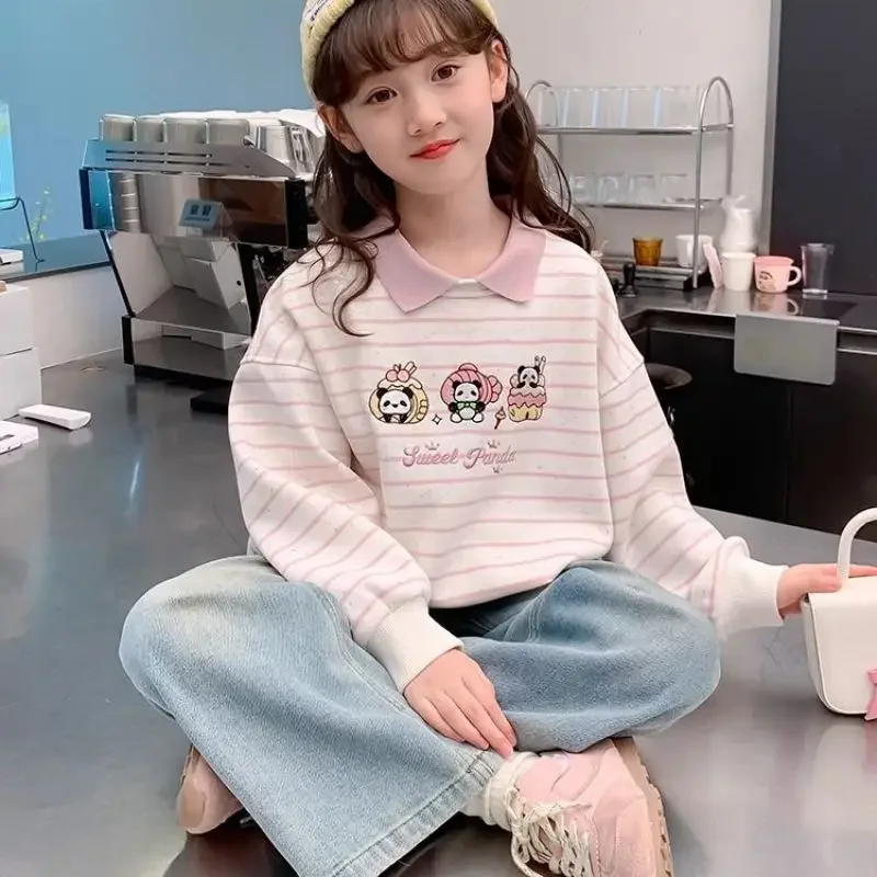 

Girls' 2025 New Spring/Autumn Long Sleeve Striped Cartoon Crewneck Sweatshirt for Kids