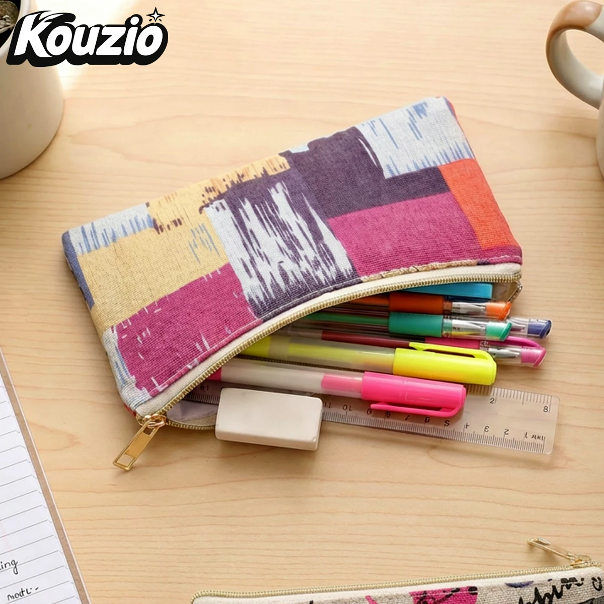 Abstract Art Linen Flat Pencil Case, Large Capacity Zipper Stationery Organizer, Portable Pen Pouch, Back to School Supplies