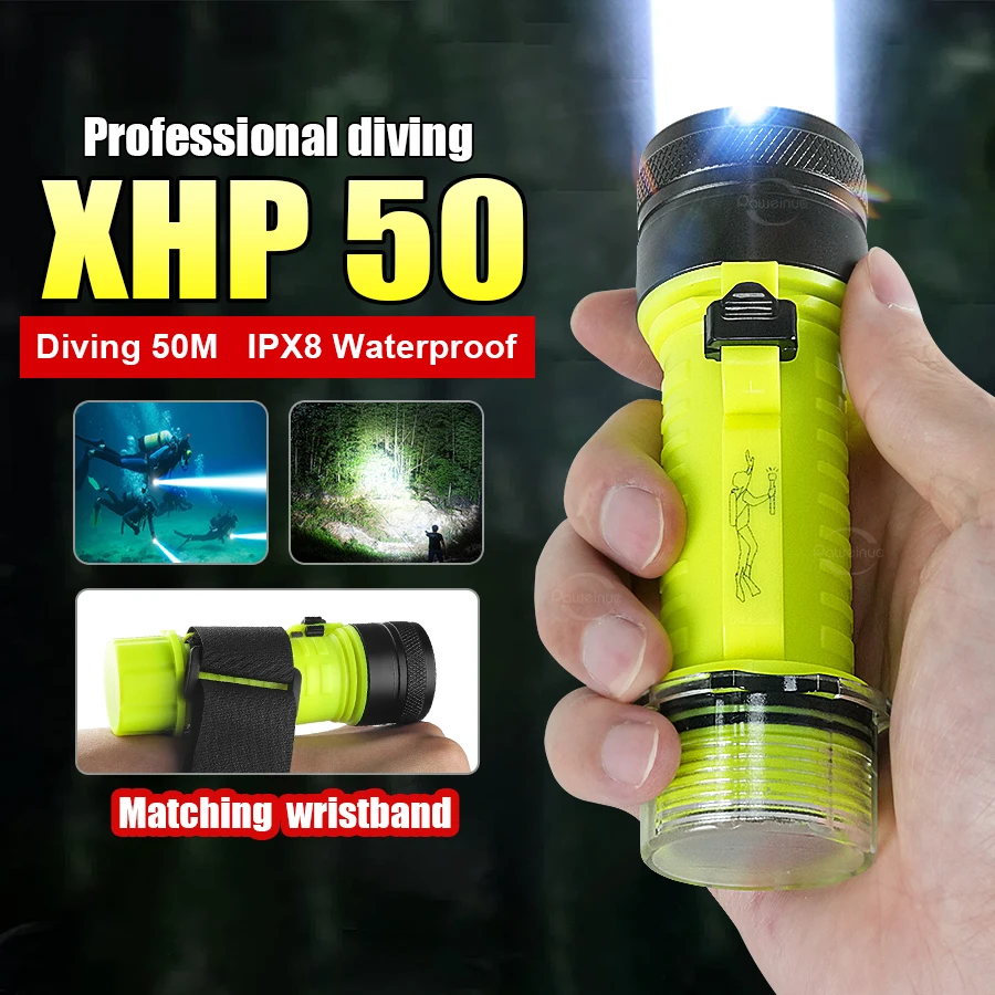 

High Power Led Rechargeable Diving Flashlight Super Strong Light LED Snorkeling Swim Flashlights With Wistband IPX8 Waterproof