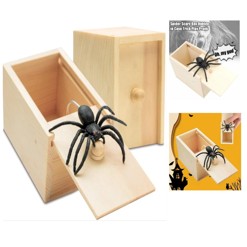 Wooden Spider Prank Box, Funny Prank Toy, Scary Spider Prank Box with Realistic Rubber Spider, Halloween Party April Fool's Prop