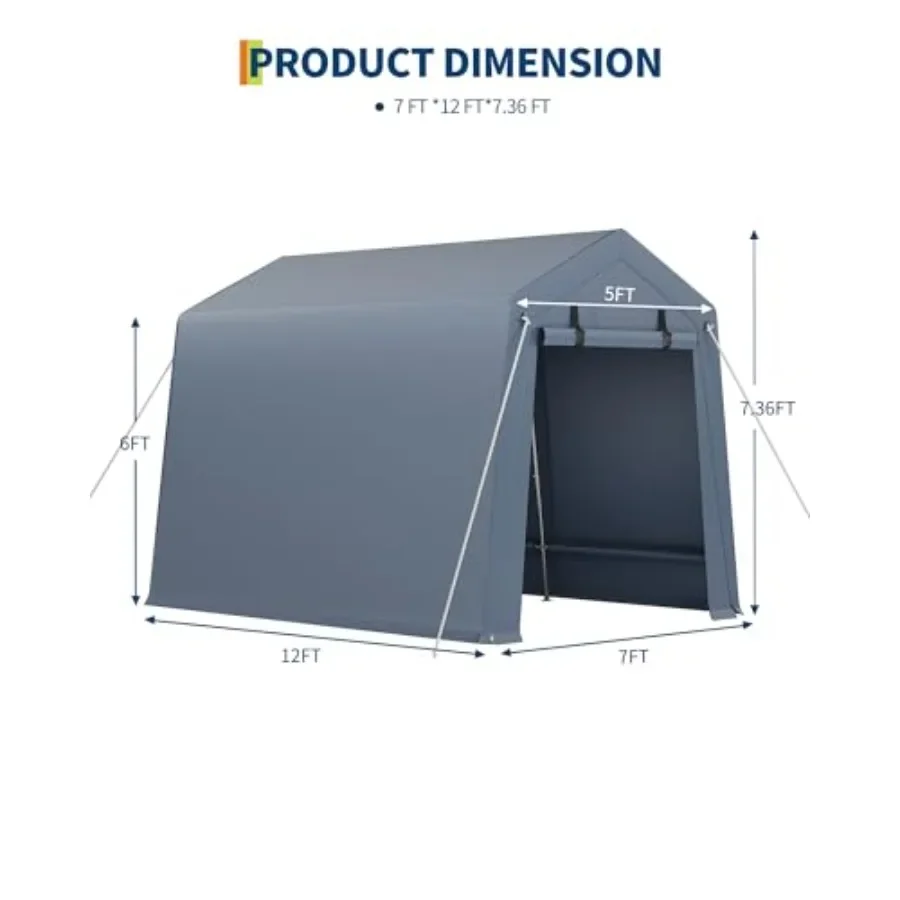 7x12 Feet Outdoor Storage Shelter Shed Carport with Roll-Up Ventilated Zipper Door and Windows, Waterproof Portable Garage, Hea