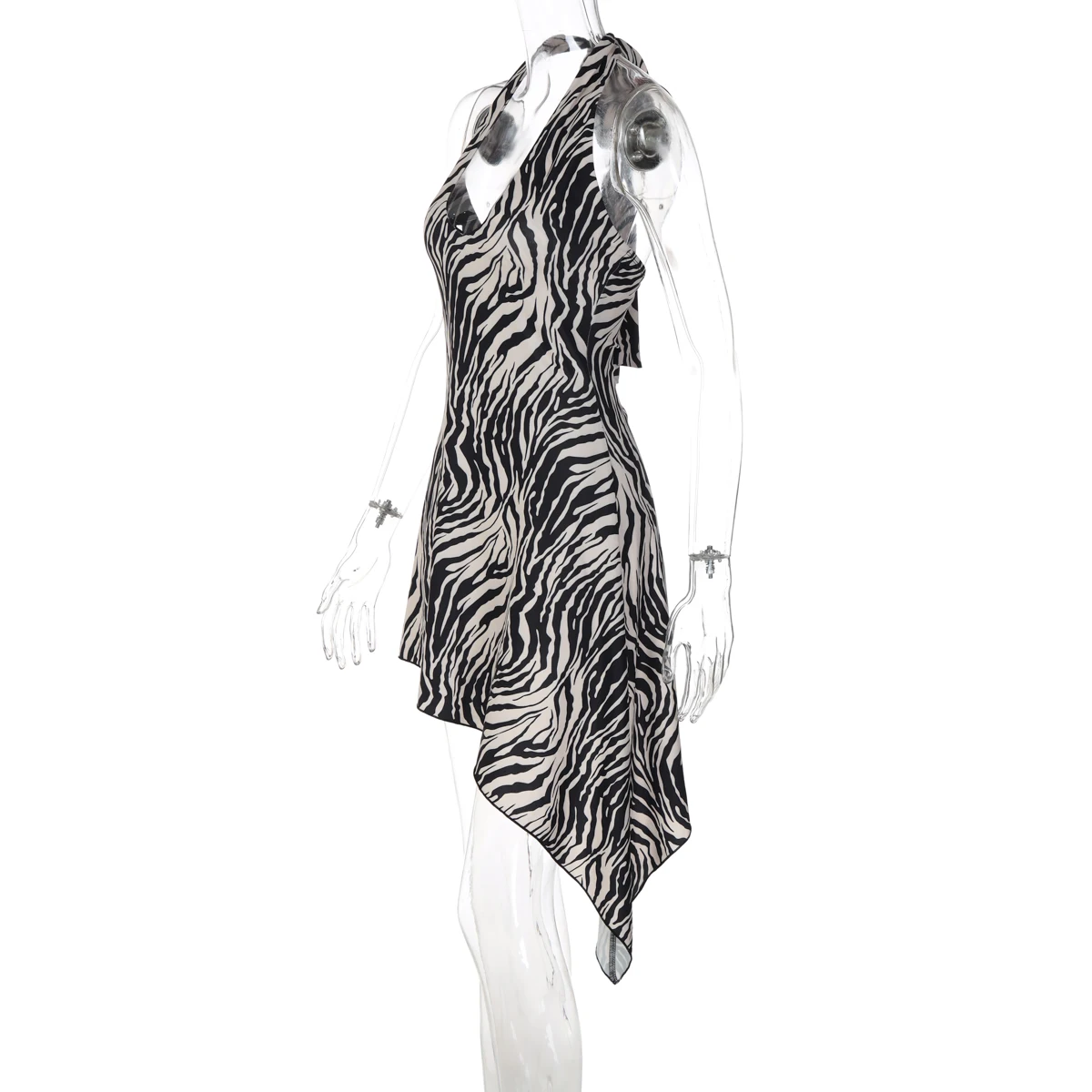 Dulzura Women'S Sexy Backless Lace Up Irregular Zebra Stripes Mini Dress Fashion Elegant Halter Dress Party Club Summer Clothes