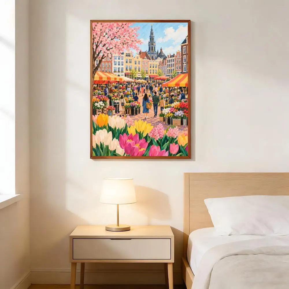 Flower Market Amsterdam Watercolor Wall Art Amsterdam Canals Netherlands Travel Poster Home Decor Poster