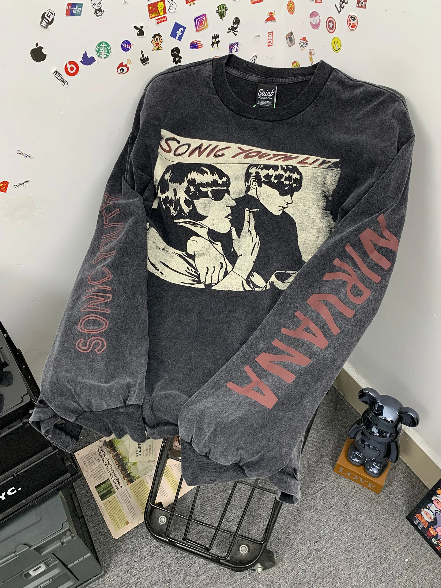 Retro American Streetwear 1990 Coben Tour Washed Long Sleeve T-Shirt Men's Casual Loose Fit Cotton Breathable round Neck