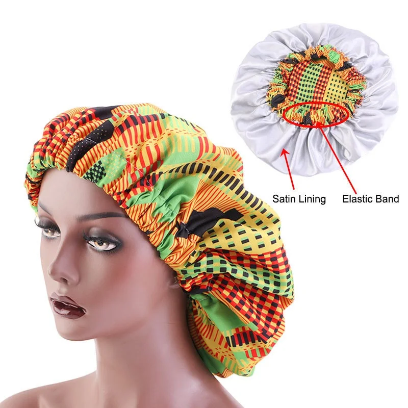 New African Pattern Print Adjustable Bonnet Women Day Night Sleep Cap Double Layer Satin Turban Extra Large Lady Head Wrap Hat