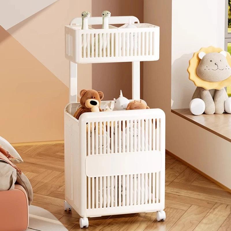 

Foldable Wheeled Laundry Cart Layered Storage Basket with Retractable Handle Ventilated Rolling Hamper for Bathroom/Home