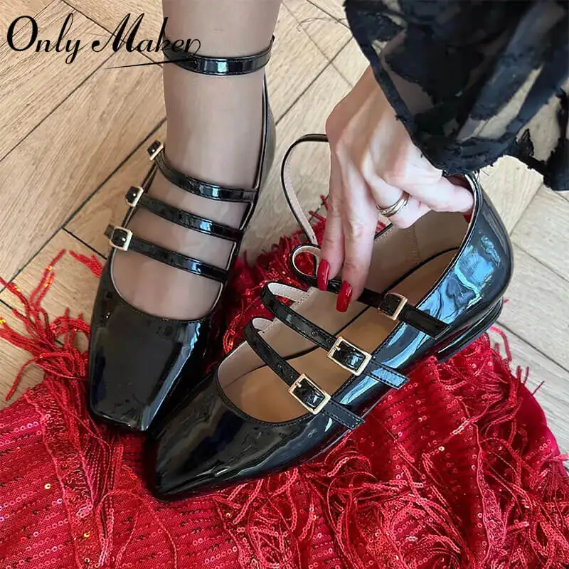 Onlymake Women Flats Square Toe Patent Leather Mary Jane  Strap Retro Elegant Big Size Daily Flats Pumps