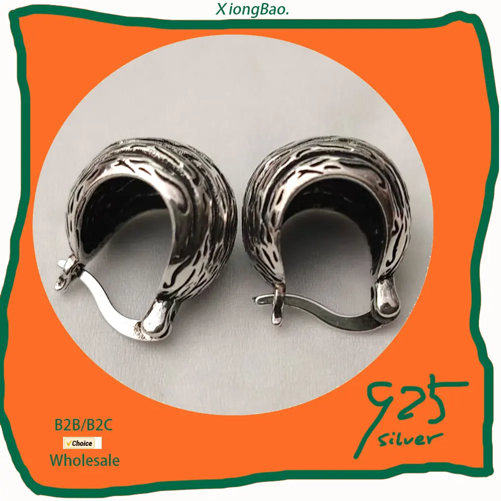 

Hoops For women Vintage Stamp 925 Sterling Silver Earrings Clip Texture 2026 new Hoop Earring