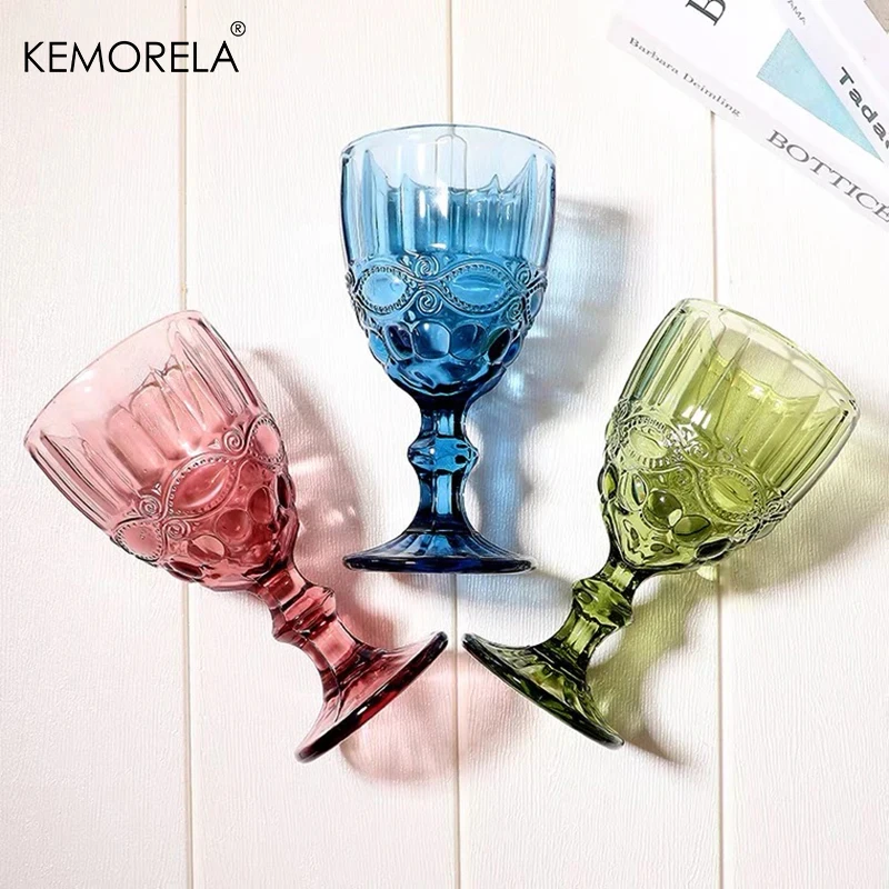 2/4PCS Set Carved Goblet Whiskey Red Wine Glasses Thicken Multicolor Retro Heat-Resistant Cocktail Juice Champagne Glass Cups