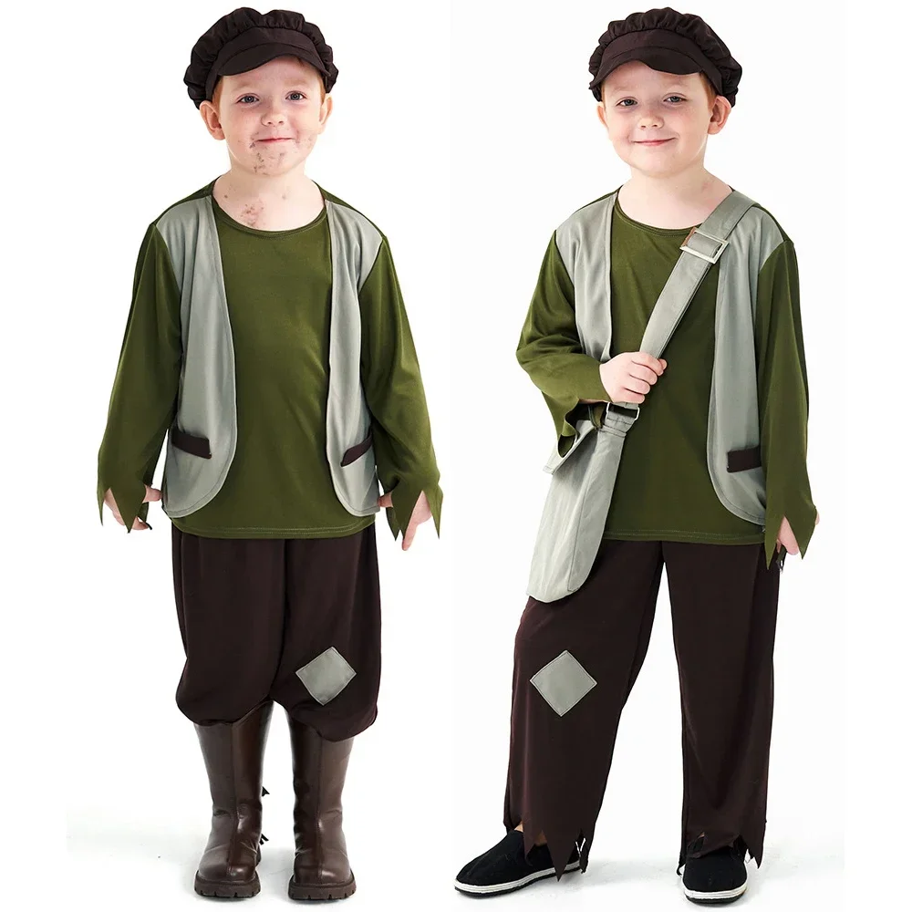 Costume da favola per bambini di Halloween, postino, mendicante, povero, costume da uomo, cosplay, ragazzo, pantaloni, cappello, vestito, spettacolo teatrale, costume da festa