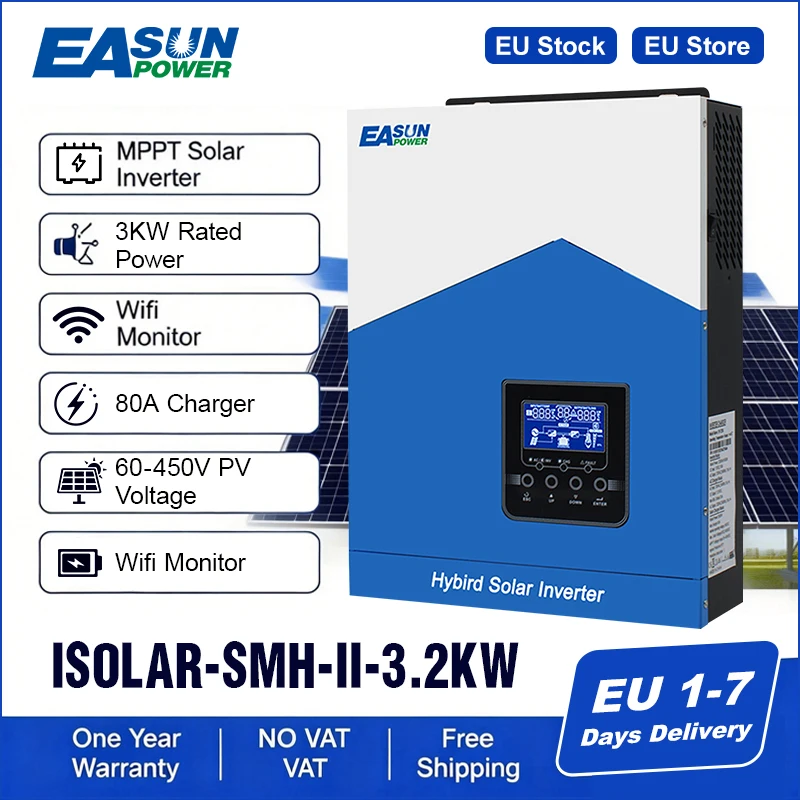 Easun Power 3200VA 3000W Solar Hybrid Off Grid Inverter MPPT 80A Caricatore solare 24V Lifepo4 Batteria al litio 230VAC PV 60V-450VDC
