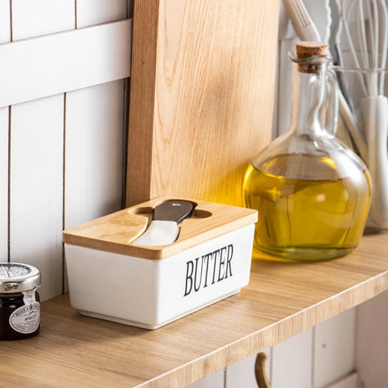 Ceramic Butter Cheese Box Restaurant Kitchen Butter Storage Box with Ceramic Knife Bamboo Lid Butter Sealed Preservation Jar