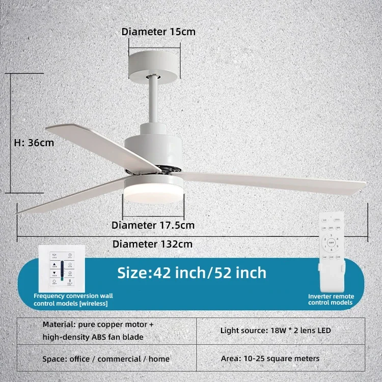 Светодиодный потолочный вентилятор ABS с 3 лопастями, лампы с дистанционным управлением, большой бесшумный потолочный вентилятор 52 дюйма