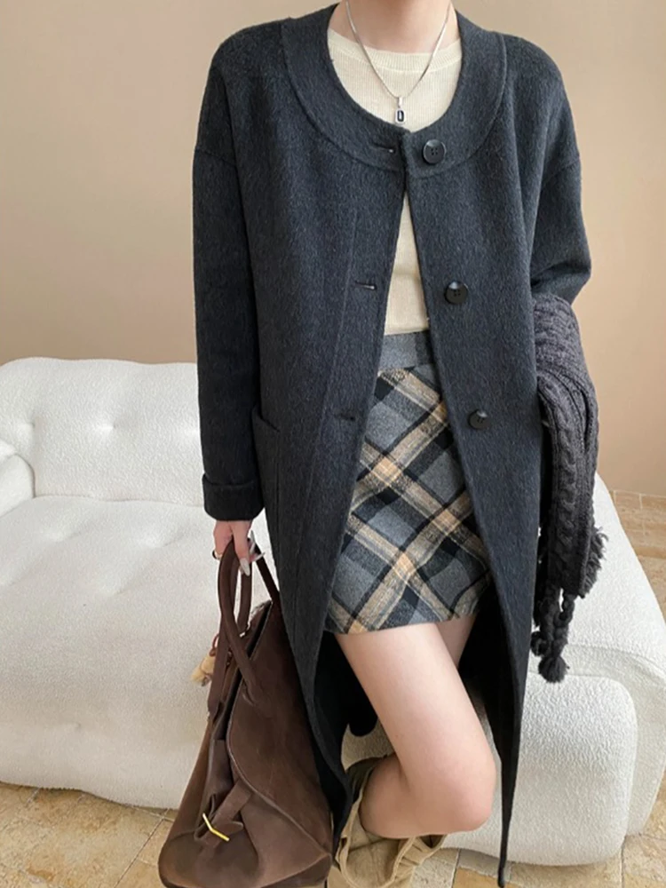 FANAN 럭셔리 니트 스카프 칼라 디자인 울 코트 여성용 싱글 브레스티드 두꺼운 따뜻한 외투 오피스 레이디 의류 겨울 신상