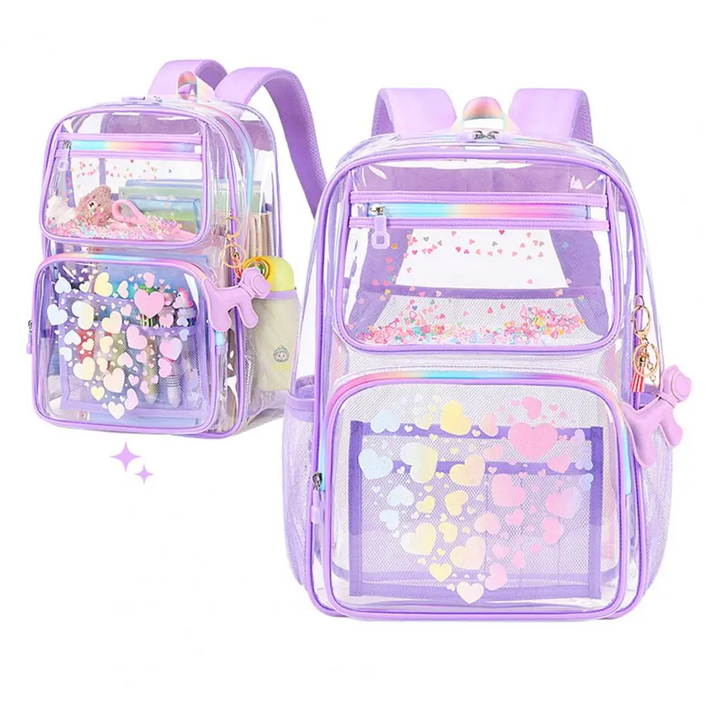 Transparent Backpack for School Waterproof Backpack with Love Heart Prints Main Compartment Front Zipper Pockets for Boys Girls
